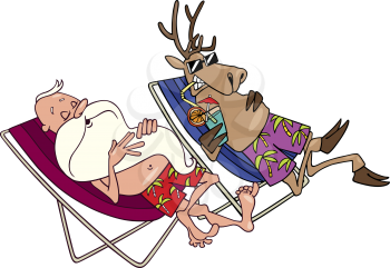 Royalty Free Clipart Image of Santa and a Reindeer Resting in Lounge Chairs