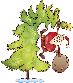 Royalty Free Clipart Image of a Santa Hanging From a Christmas Tree