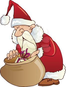 Royalty Free Clipart Image of Santa Looking in the Bag of Toys