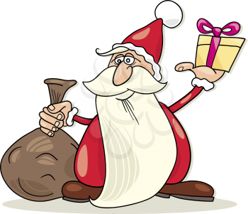 Royalty Free Clipart Image of Santa With His Sack and a Gift