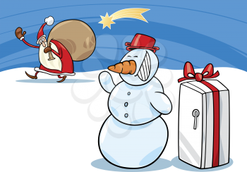Royalty Free Clipart Image of a Happy Snowman With a Gift and Santa Waving Goodbye