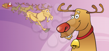 Royalty Free Clipart Image of Rudolph Looking at the Reindeer and Santa's Sleigh