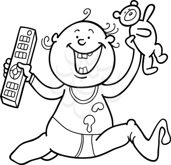 Royalty Free Clipart Image of a Baby With a Remote and Teddy Bear