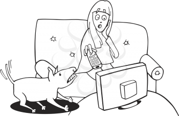 Royalty Free Clipart Image of a Dog Trying to Get a Girl's Attention While She's Watching TV