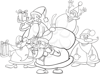 Royalty Free Clipart Image of a Group of Santas With Gifts