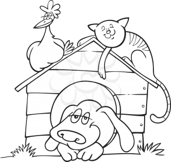 Royalty Free Clipart Image of a Dog, Cat and Rooster at a Doghouse