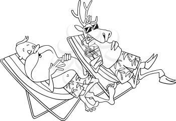 Royalty Free Clipart Image of Santa and a Reindeer in Beach Chairs