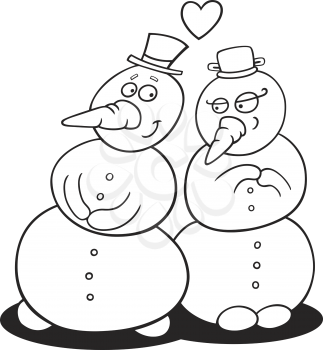 Royalty Free Clipart Image of Two Snowmen in Love