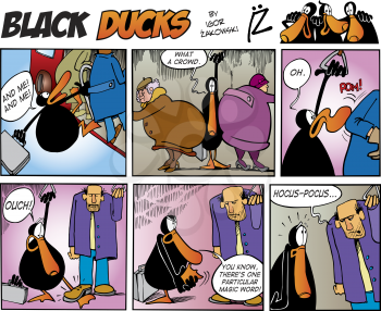 Royalty Free Clipart Image of a Black Ducks Comic Strip on a Bus