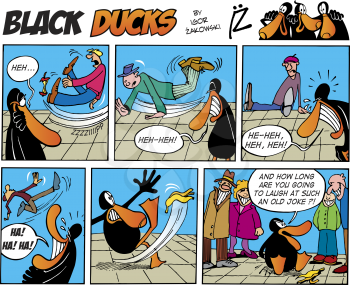 Royalty Free Clipart Image of a Black Ducks Cartoon Strip People Falling on a Banana Peel