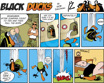 Royalty Free Clipart Image of a Black Duck Comic Strip About Parachuting and Dreaming