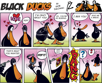 Royalty Free Clipart Image of a Black Ducks Comic Strip About Love