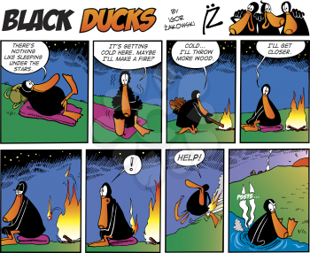 Royalty Free Clipart Image of a Black Duck Comic Strip About a Campfire