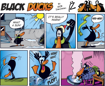 Royalty Free Clipart Image of a Black Duck Comic Strip