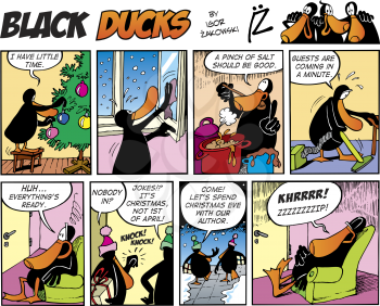 Royalty Free Clipart Image of a Black Ducks Comic Strip About Getting Ready for Christmas Guests