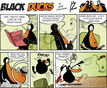 Royalty Free Clipart Image of a Black Ducks Comic Strip With a Fly