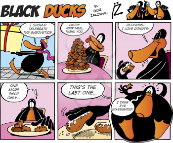Royalty Free Clipart Image of a Black Ducks Comic Strip about Shrovetide