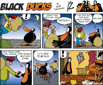 Royalty Free Clipart Image of a Black Ducks Comic Strip With a Burglar
