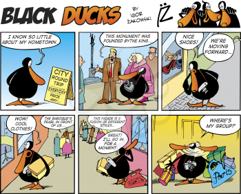 Royalty Free Clipart Image of a Black Ducks Comic Strip About Shopping on Tour