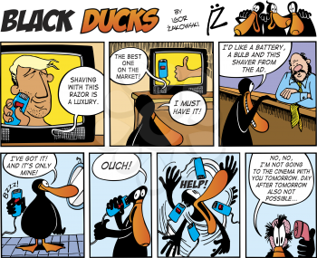 Royalty Free Clipart Image of a Black Duck Comic Strip About Shaving