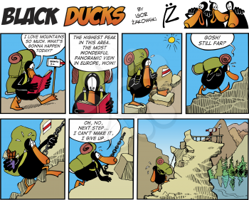 Royalty Free Clipart Image of a Black Ducks Comic Strip With Him Climbing Mountains