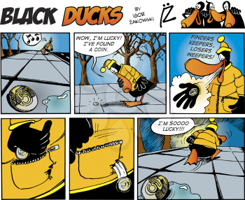 Royalty Free Clipart Image of a Black Ducks Comic Strip Where He Finds a Coin Then Loses It