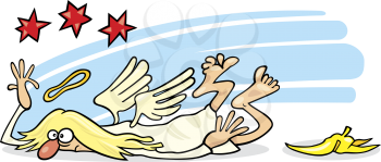 Royalty Free Clipart Image of a Fallen Angel That Slipped on a Banana Peel