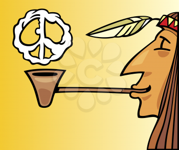 Royalty Free Clipart Image of a Native Smoking a Pipe With a Peace Symbol Above It