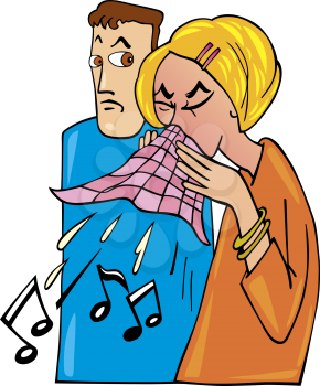 Royalty Free Clipart Image of a Man Watching a Woman Blow Her Nose