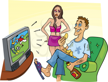 Royalty Free Clipart Image of a Man Watching TV and an Angry Woman Behind Him