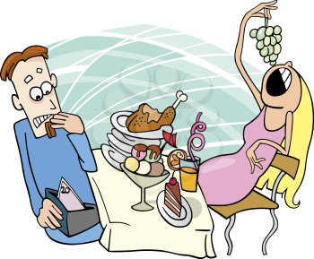 Royalty Free Clipart Image of a Boy With a Woman Who is Eating a Lot