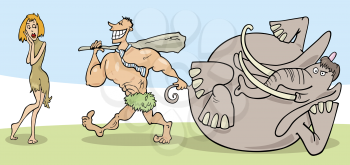 Royalty Free Clipart Image of a Prehistoric Couple and Mastadon