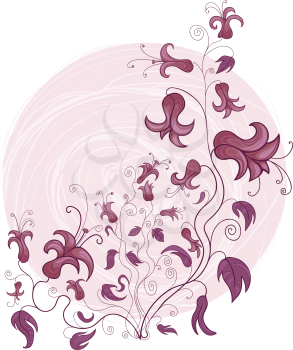 Royalty Free Clipart Image of a Background With a Pink Circle and Floral Flourish