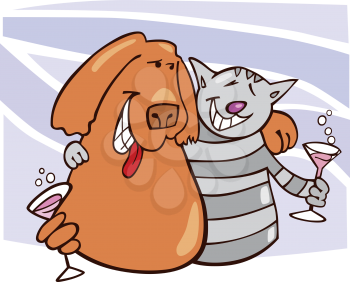 Royalty Free Clipart Image of a Dog and Cat Drinking Wine Together