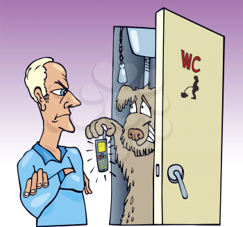 Royalty Free Clipart Image of a Dog Coming Out of a Washroom Holding a Cellphone and an Angry Man