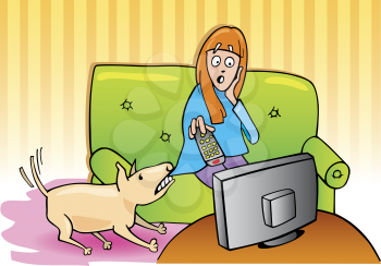 Royalty Free Clipart Image of a Girl Watching Television and a Dog Pulling on Her Sweater