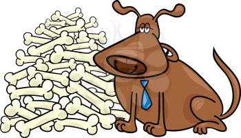 Royalty Free Clipart Image of a Dog With a Pile of Bones