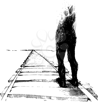 Royalty Free Clipart Image of a Silhouette on Railroad Tracks