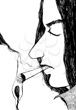 Royalty Free Clipart Image of a Man With a Lit Cigarette