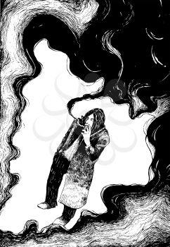 Royalty Free Clipart Image of a Man Smoking in a Cloud of Smoke