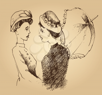 Royalty Free Clipart Image of a Drawing of Two Victorian Women Talking