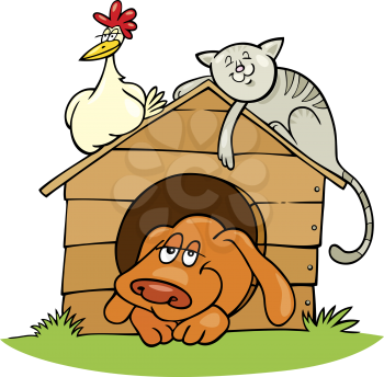 Royalty Free Clipart Image of a Dog, Cat and Rooster on a Doghouse