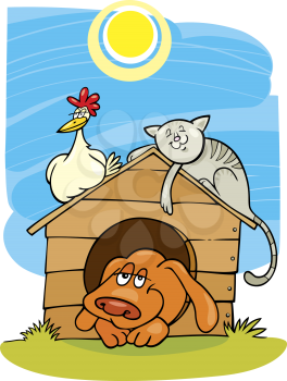 Royalty Free Clipart Image of a Rooster, Cat, and Dog at a Doghouse
