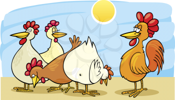 Royalty Free Clipart Image of a Rooster and Hens