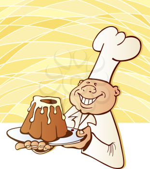 Royalty Free Clipart Image of a Chef With a Dessert