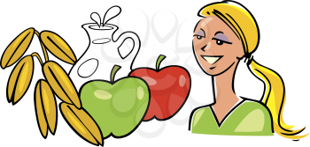 Royalty Free Clipart Image of a Woman With Apples, Oats and Milk