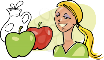 Royalty Free Clipart Image of a Woman With Two Apples and a Milk
