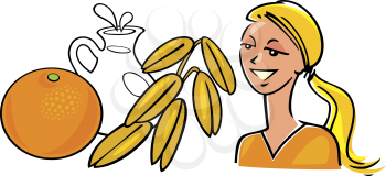 Royalty Free Clipart Image of a Woman With an Orange, Grains and Milk