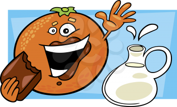 Royalty Free Clipart Image of an Orange Eating Chocolate and a Jug of Milk