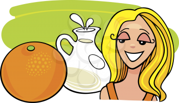 Royalty Free Clipart Image of a Woman With Milk and an Orange